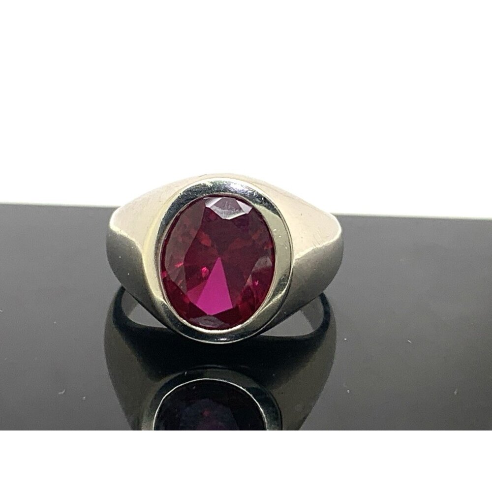 Men's Statement Ring 10k White Gold Oval Red Gemstone Estate Jewelry Size 8.5